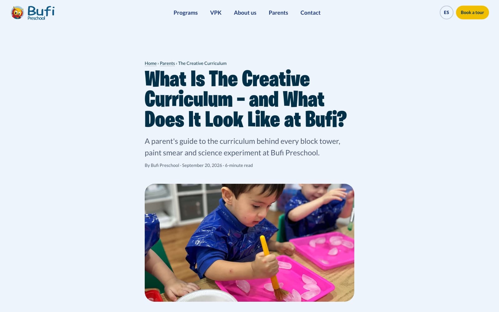 Bufi Preschool Website: The Creative Curriculum guide: the only non-local query with real volume, written for parents comparing schools, with Article schema