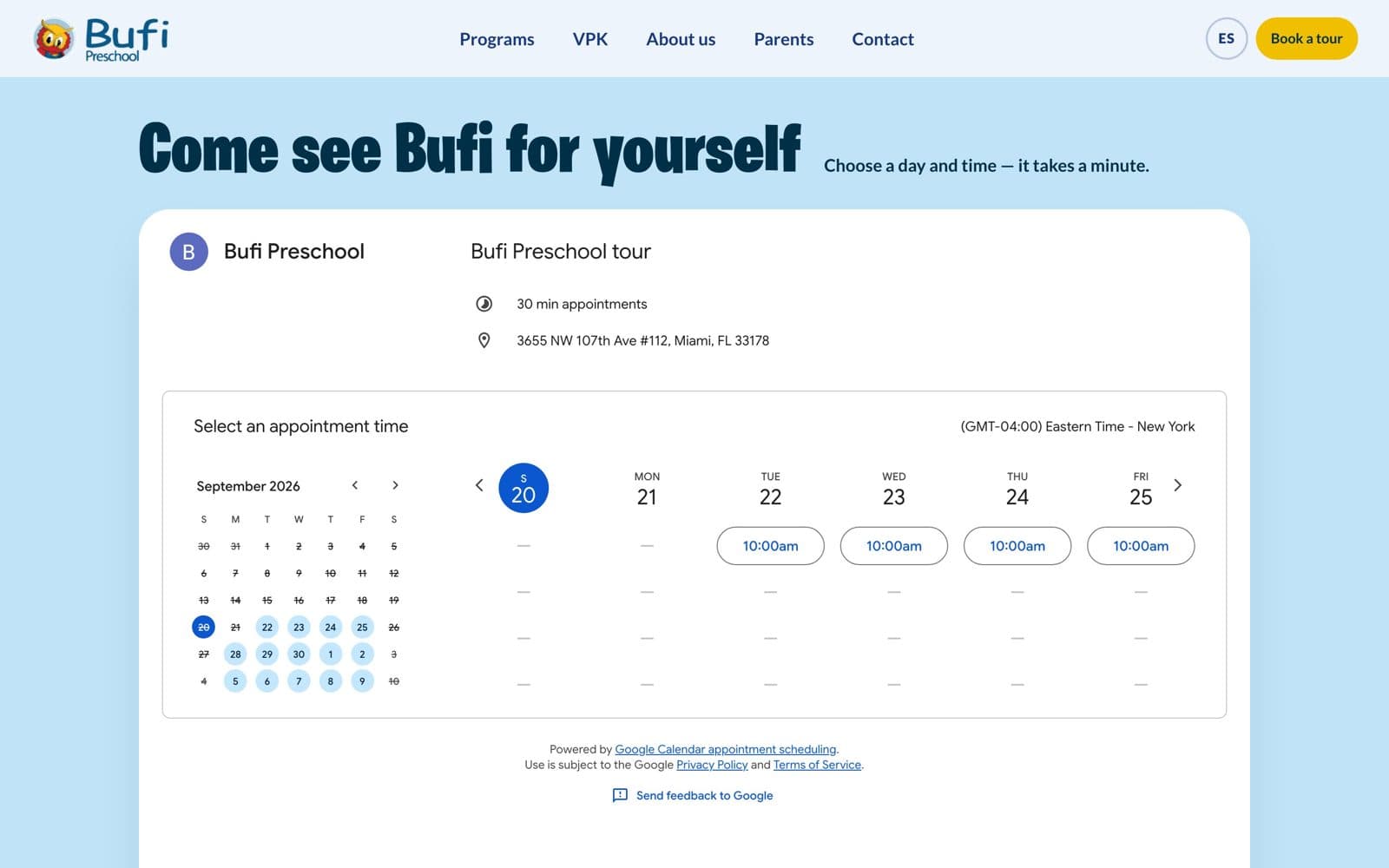 Bufi Preschool Website: Book a tour: Google Calendar appointment schedule, staff-editable, 30-day window