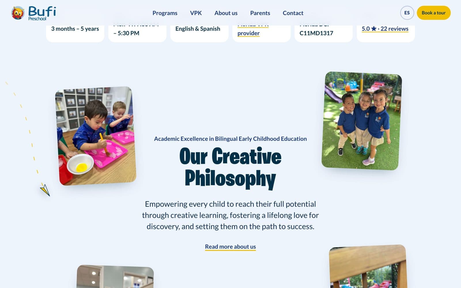 Bufi Preschool Website: Philosophy collage: scroll-driven parallax, and a small Bufi that flies the section