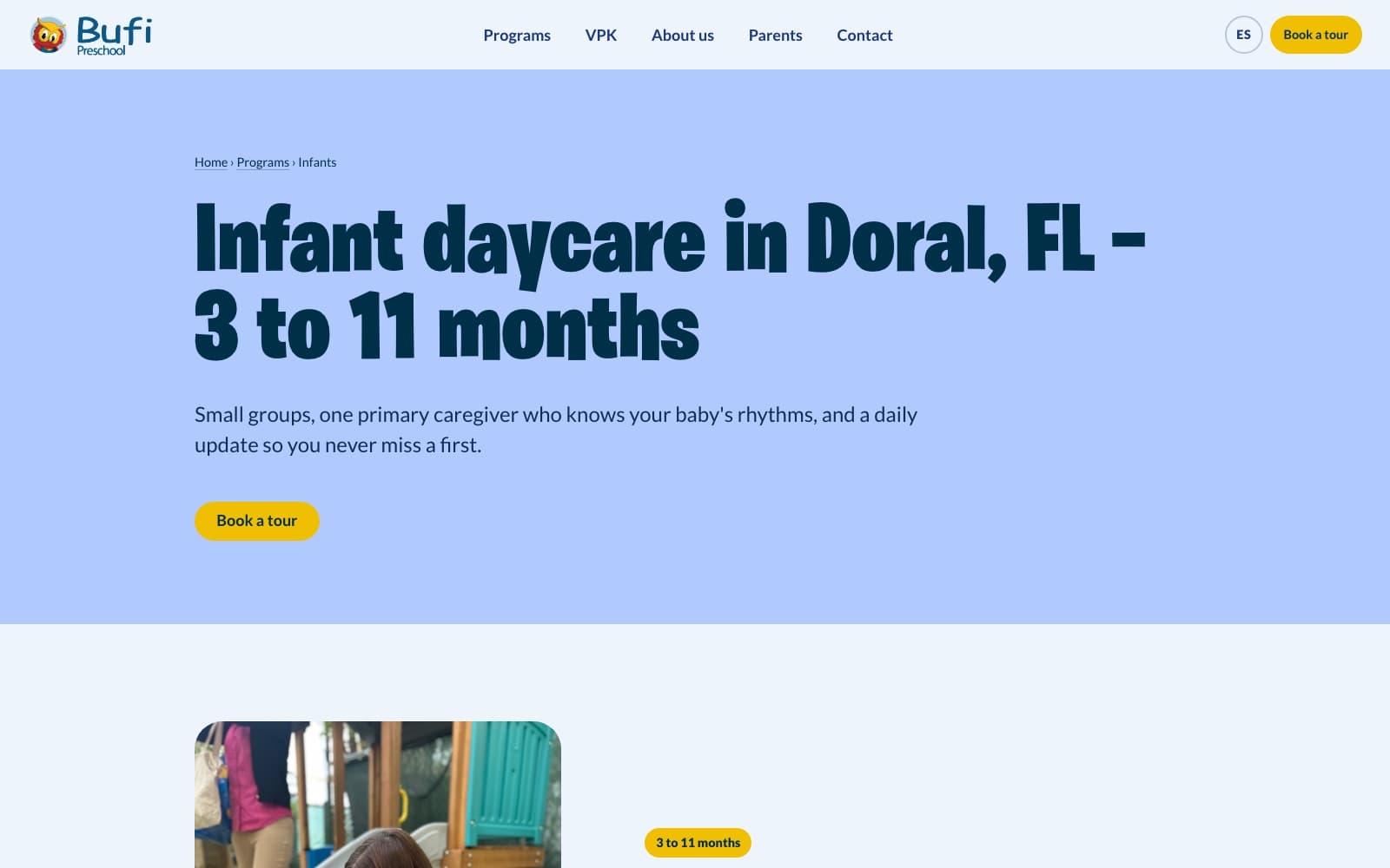 Bufi Preschool Website: One of three program pages added in the free-route pass: keyword H1, facts band, program FAQ, 3-level breadcrumbs, EN + ES