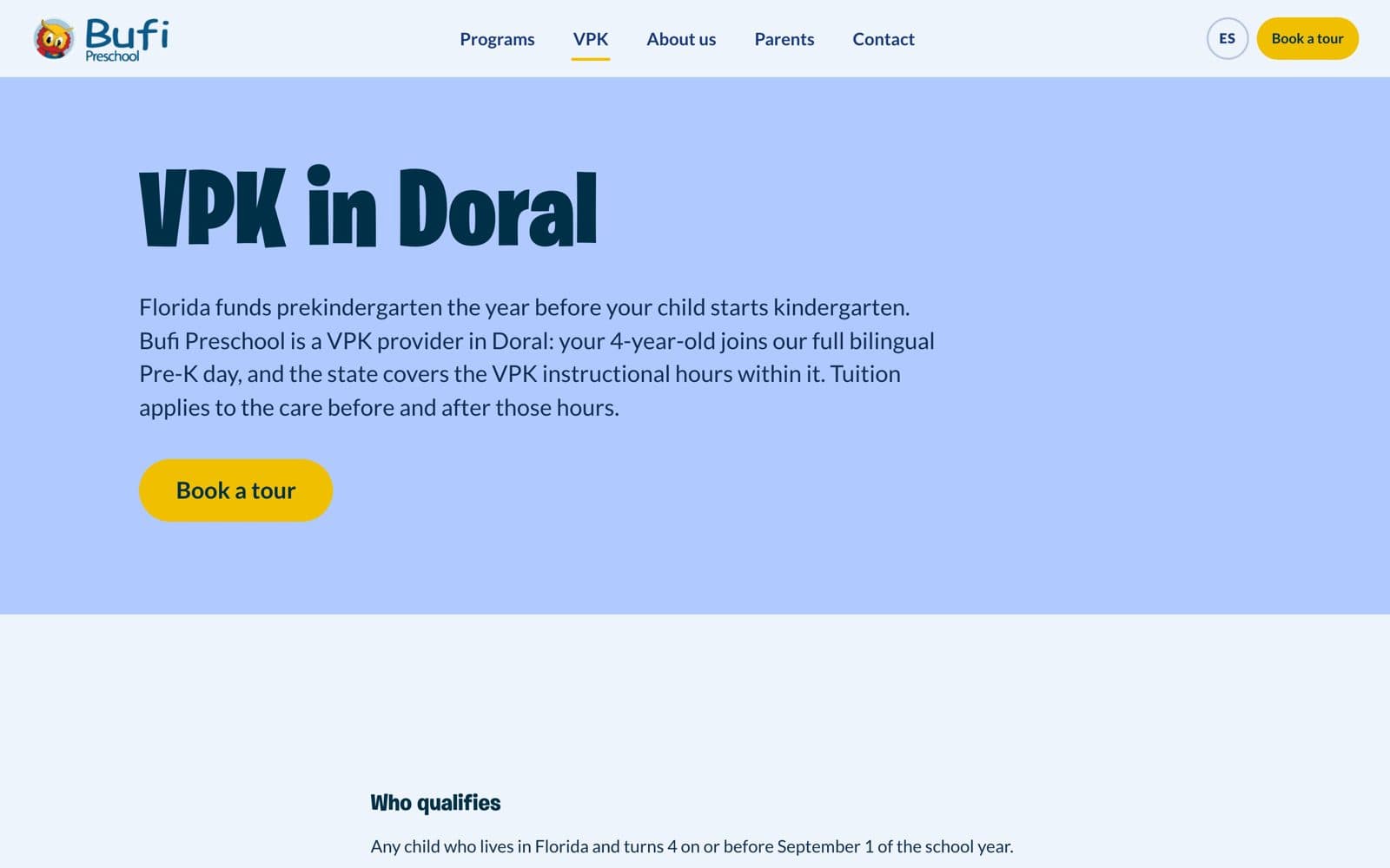 Bufi Preschool Website: VPK page: a low-competition local query the school genuinely qualifies for
