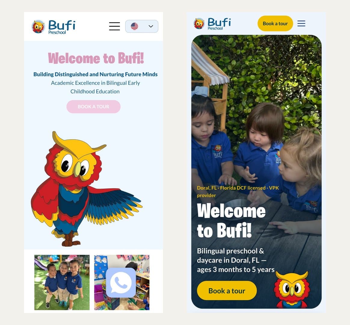 Bufi Preschool Website: Mobile, before and after (390px)
